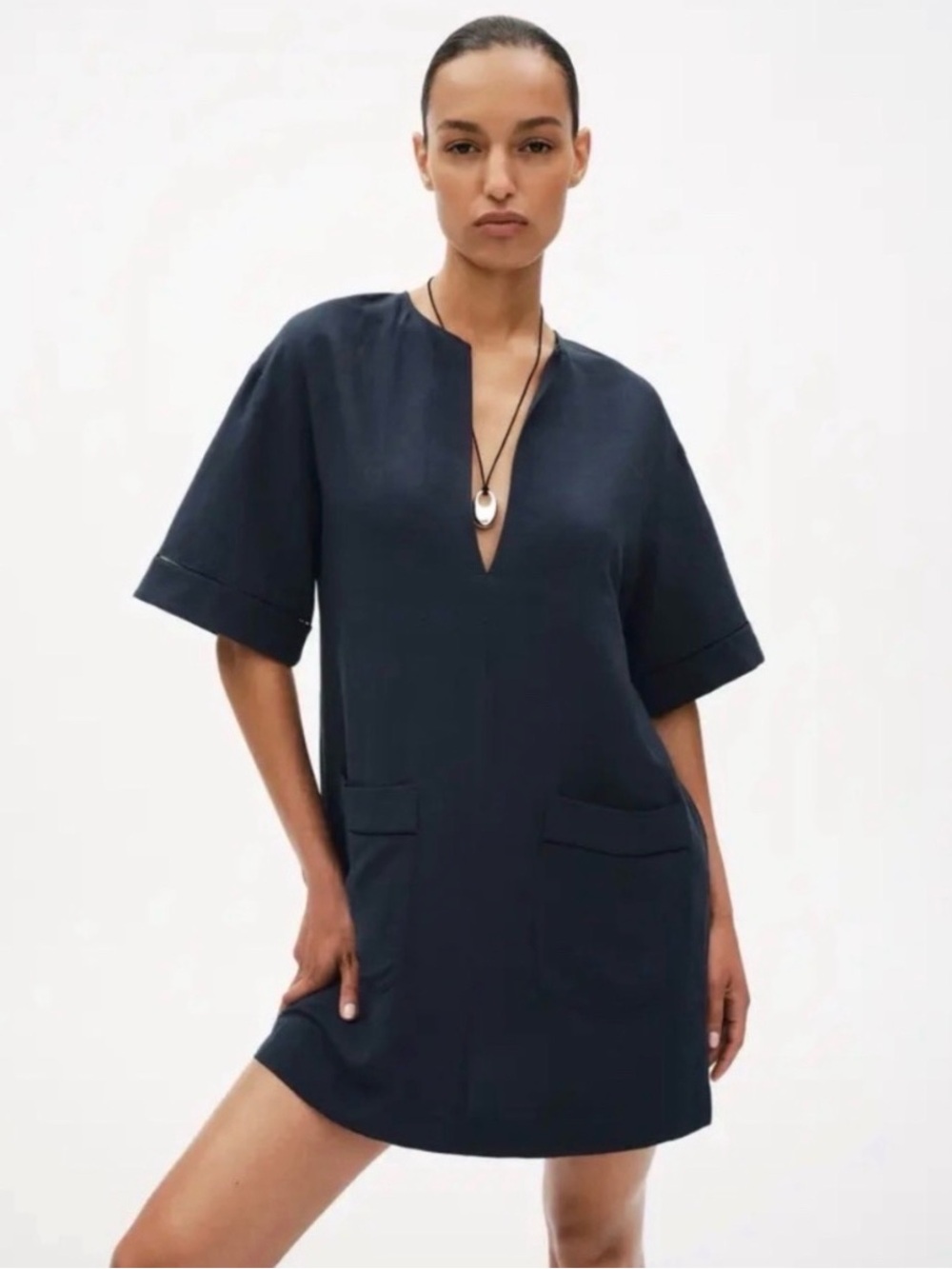 G Label by Goop Navy Short Sleeve V-Notch Kaftan Mini Dress